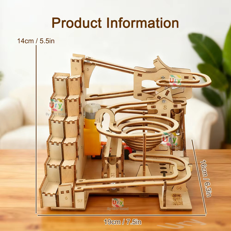 Ury 3D Holzpuzzle Elektrische Murmelbahn mit mechanischen Treppenstufen und 6 Kugeln in Naturholzfarben - Bild 2