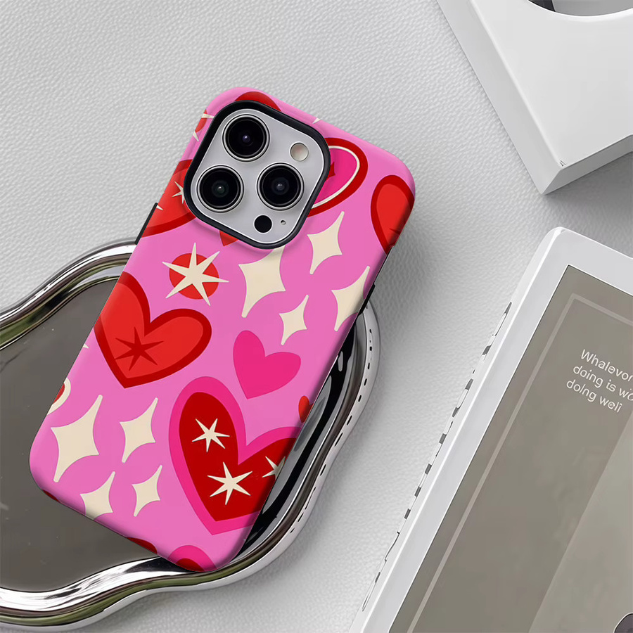 Handyhülle mit Herz- und Sternmuster für Apple iPhone 11 bis iPhone 17 Pro Max Plus in Pink mit doppelschichtiger Rückseite - Bild 5