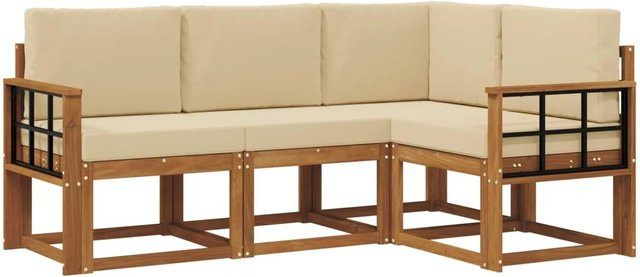 vidaXL Outdoor-Sofagarnitur L-Form aus massivem Akazienholz mit Kissen in Beige und Natur - Bild 1