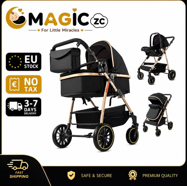 Prokoke 3-in-1 Baby-Kinderwagen Reisesystem mit Babyschale, Babytragetasche und Liegewagen in Schwarz-Gold - Bild 1