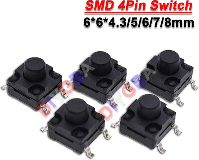 DIYGBA Taktiler Mini-Druckknopf Schalter 6x6 mm in Schwarz, 50er Set für Platine und SMD-Montage - Bild 1