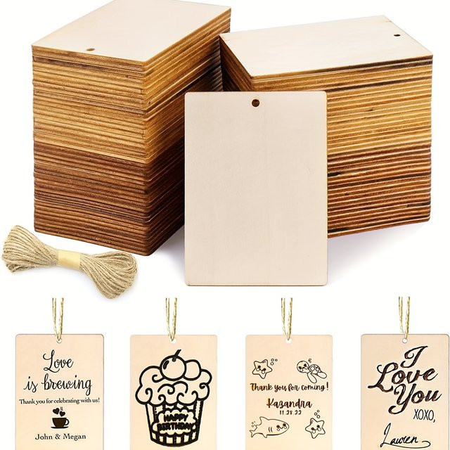 45 Stück Unbehandelte Holzanhänger aus Holz mit Juteschnur, Quadratische Holzscheiben für Schilder und Geschenkanhänger, Breite: 6,35 cm, Höhe: 8,89 cm - Bild 1