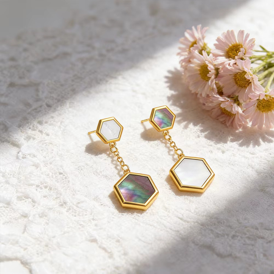 Erpels Ohrringe Edelstahl, sechseckiges Hängedesign, Damen - Bild 4