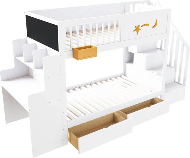 Merax Etagenbett aus Massivholz mit Schreibtisch und Treppe in Weiß, B/T/H: 90 x 200 x 166 cm - Bild 1