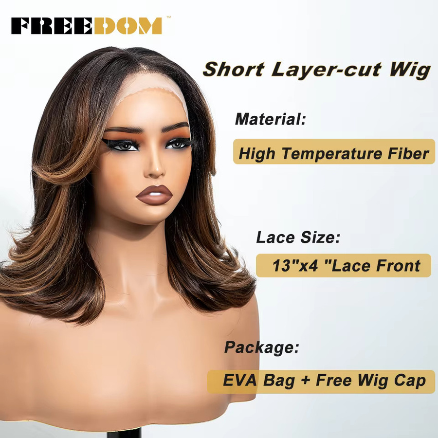 FREEDOM Synthetische Lace-Front-Perücke, 14 Zoll Bob mit Pony, Ombre-Braun-Highlight, Damen - Bild 4