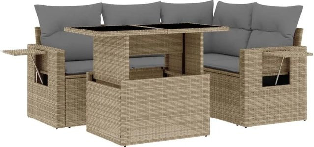 vidaXL 5-tlg Garten-Sofagarnitur in L-Form aus beigem Poly-Rattan mit Kissen und pulverbeschichtetem Stahlgestell - Bild 1