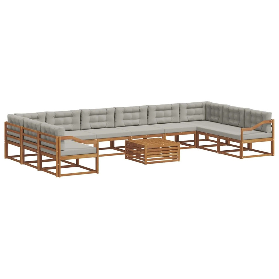 vidaXL Outdoor-Sofagarnitur aus Massivholz in U-Form, 11-teiliges Set mit Kissen, Farbe: Natur und Hellgrau - Bild 2