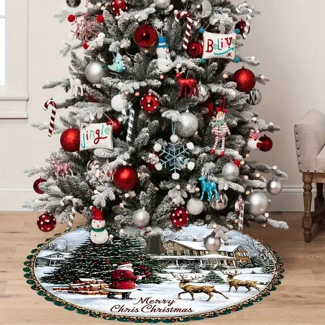 VIKAMA Weihnachtsbaumrock mit Winter Santa und Elch Motiv für Indoor und Outdoor Dekoration - Bild 1