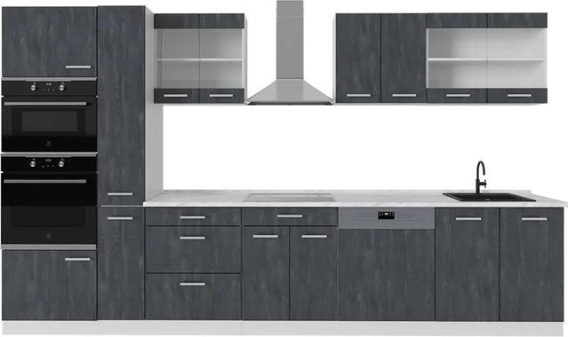 Vicco R-Line Küchenzeile in Schwarz Beton und Weiß mit weißer Marmor Arbeitsplatte, Breite: 350 cm - Bild 2