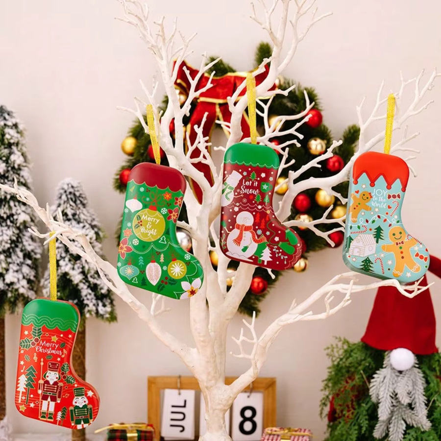 Bunte Weihnachts-Blechdose in Weihnachtsstrumpfform als Süßigkeitenbox für deine Partygeschenke - Bild 4