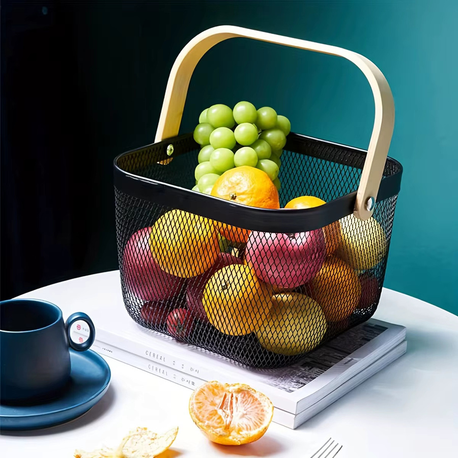 2er-Pack quadratischer Obstkorb aus Metallgeflecht von Leeseph mit Holzgriff in Schwarz und Lila - Bild 3
