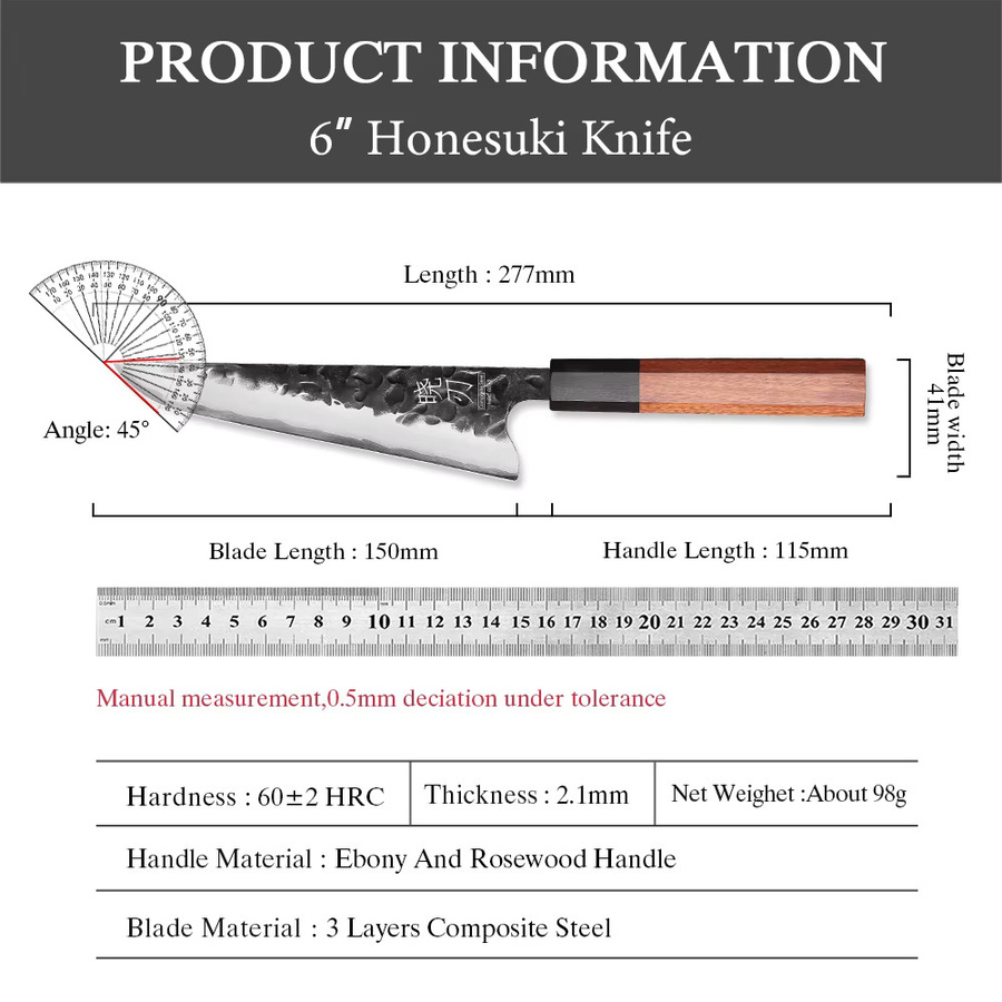 TURWHO Honesuki Kochmesser aus japanischem Verbundstahl mit Holzgriff, 15,24 cm Fleischbeil aus Carbon Steel - Bild 6