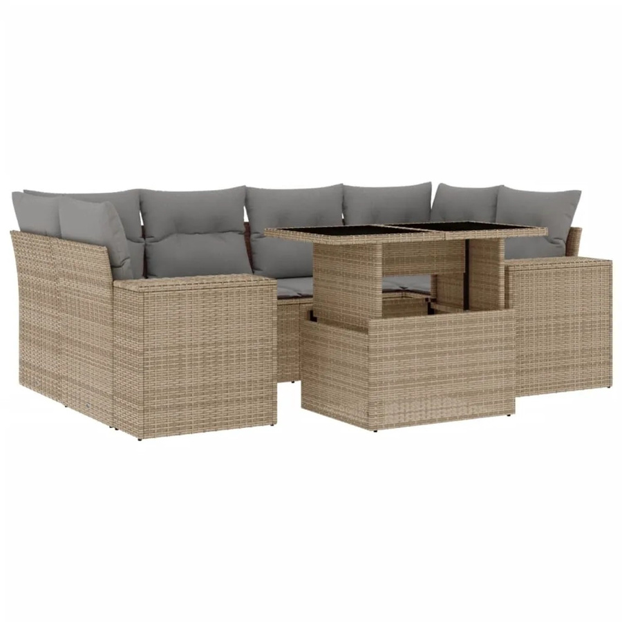 vidaXL 7-tlg Garten-Sofagarnitur in L-Form aus beigem Poly-Rattan mit wetterfesten Kissen und pulverbeschichtetem Stahlgestell - Bild 2
