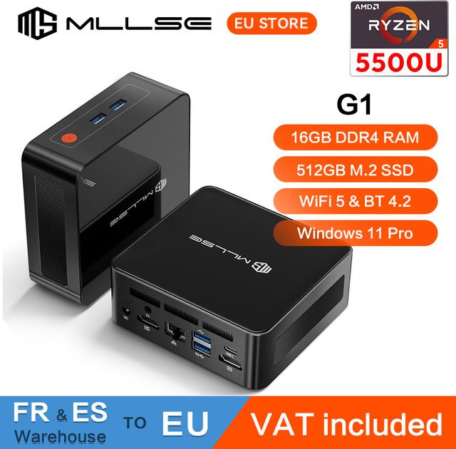 MLLSE Mini PC G1 mit AMD Ryzen 5 5500U Prozessor, 16GB DDR4, 512GB SSD, Windows 11 Pro, Schwarz - Bild 1