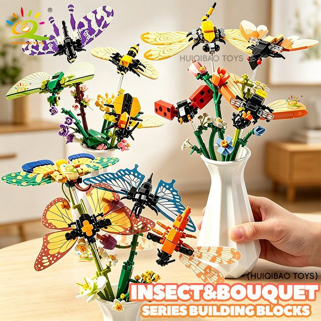 HUIQIBAO City Kreativität Insekten-Bouquet Bonsai, Bausteine, Topfpflanze Blumenstrauß Modell - Bild 1