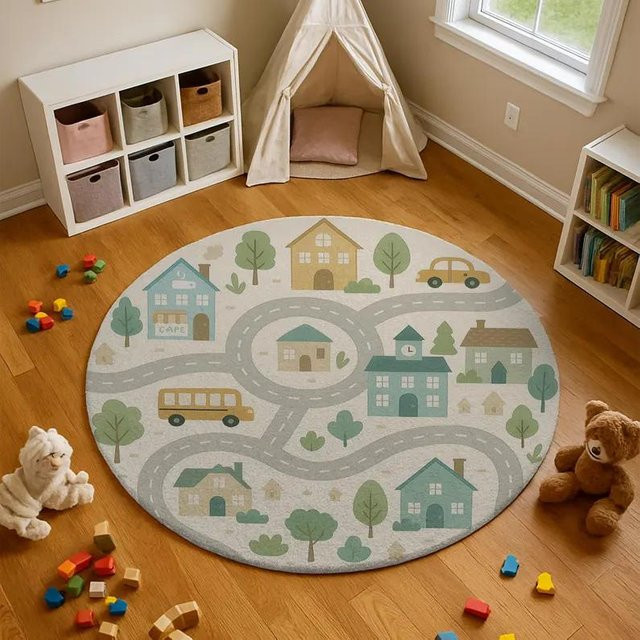 Lodestar Kinder Teppich Stadt Straßenkarte Spielmatte Rund, Durchmesser: 80 cm, Mehrfarbig - Bild 1