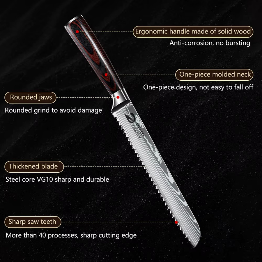 ZENG Brotmesser aus Edelstahl mit 25,4 cm Klingenlänge, gezahntes Messer mit Lasermuster und braunem Holzgriff - Bild 5