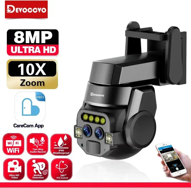 Devoccvo 4K 8MP Drahtlose PTZ IP-Überwachungskamera mit Dual-Objektiv, 10-fachem Zoom und automatischer Verfolgung, WLAN-Videoüberwachung für den Außenbereich mit 2-Wege-Audio, Schwarz - Bild 1