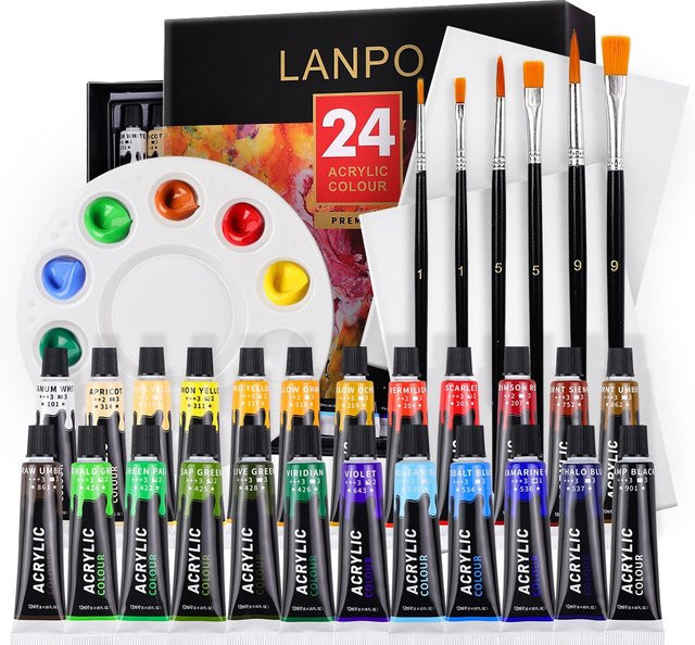 Professionelles Acrylfarben-Set mit 24 Farben und Pinsel-Set in Multicolour, 12 ml Tuben für Künstler und DIY-Malerei - Bild 1