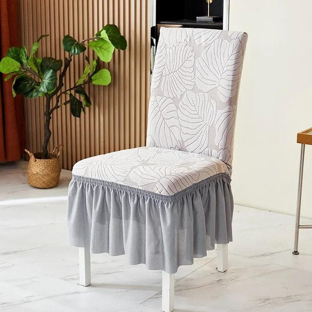 2er-Set Blätter Jacquard Esszimmerstuhlbezug mit Schößchen in Grau, elastische Stretch-Stuhlhussen aus Polyester für dein Zuhause oder besondere Anlässe - Bild 1