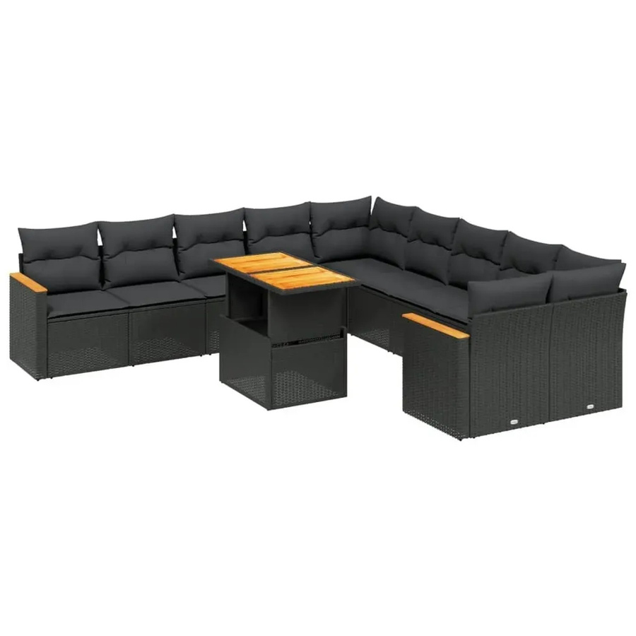 vidaXL 11-teilige Garten-Sofagarnitur in L-Form aus Poly-Rattan und Akazienholz mit Kissen, Schwarz - Bild 2