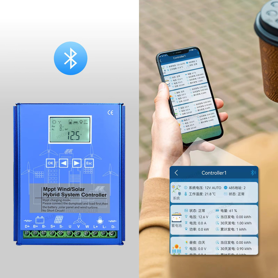 HXCONTROLLER MPPT Hybrid Wind-Solar-Laderegler mit Bluetooth für 12V 24V 48V LiFePO4 Lithium und Gel Batterien in Blau - Bild 4