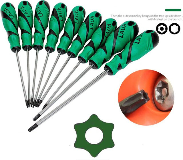 LAOA 9-teiliges Magnetisches Torx-Schraubendreher-Set aus S2-Stahl in Grün mit Mittelloch-Torx und Sechskant-Spezialbits - Bild 1