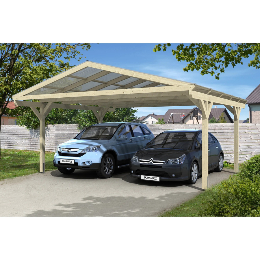 Skan Holz Carport Westerwald Satteldach aus Fichte Leimholz in Beige mit Doppelstegplatten und geraden Kopfbändern B: 570 cm, T: 541 cm, H: 308 cm - Bild 2