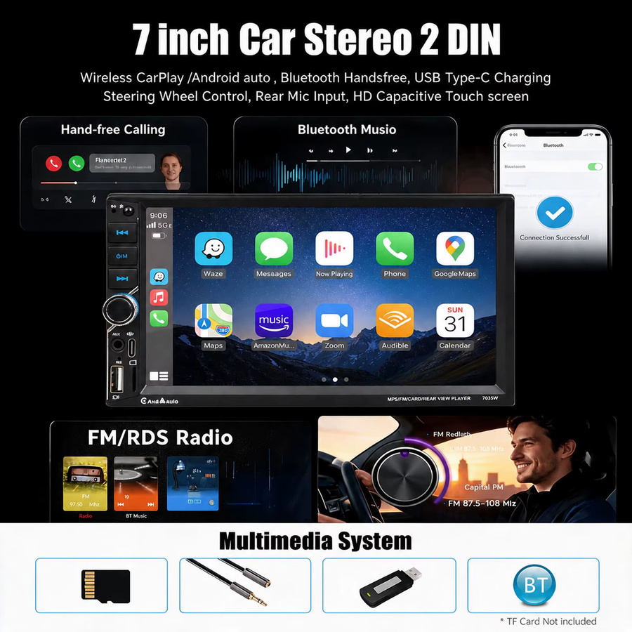 MOPECT 7 Zoll Doppel-DIN Autoradio mit Touchscreen, kabelloses CarPlay und Android Auto, Multimedia-Player mit Bluetooth, USB-C, Mirror Link und SWC in Schwarz - Bild 3