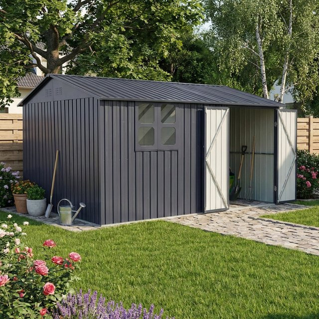 Albatros Profi Gerätehaus XXXL aus verzinktem Metall in Anthrazit mit Schloss und Werkzeughaken, B/T/H: 371 x 304 x 201 cm - Bild 1