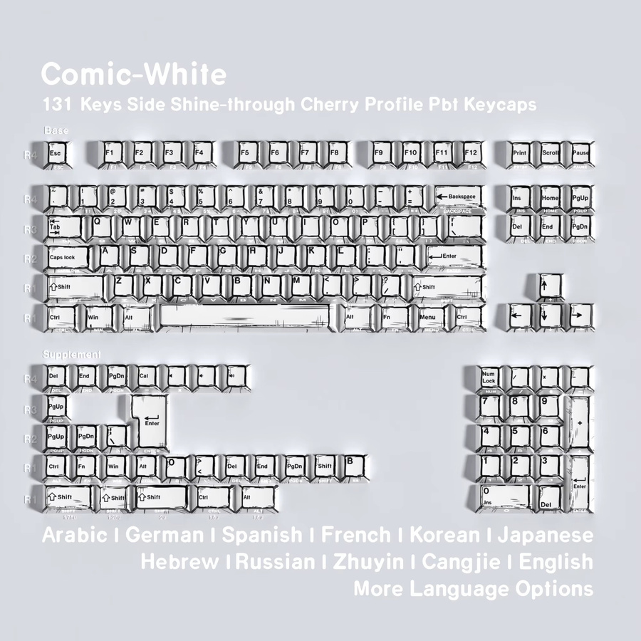 Jaycomia Comic White Keycaps im Cherry Profile mit Dye-Sub Doppeldruck für mechanische Tastaturen im ISO-Layout, 131 Tasten in Weiß - Bild 6