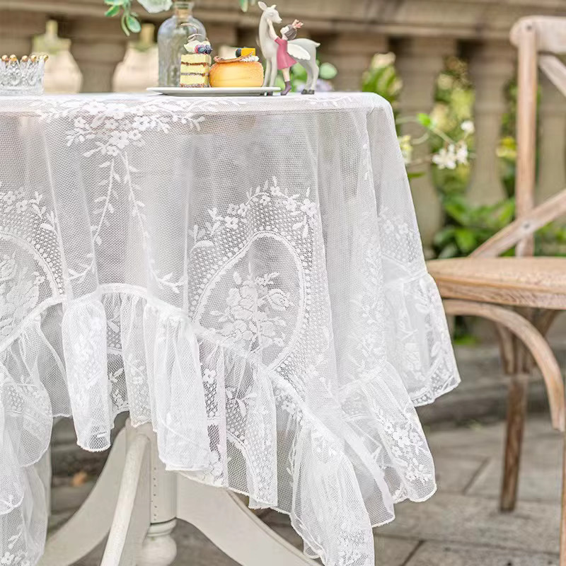 Battilo Weiße Runde Spitzentischdecke aus Leinen mit Blumenstickerei für Hochzeiten und Esstische - Bild 2