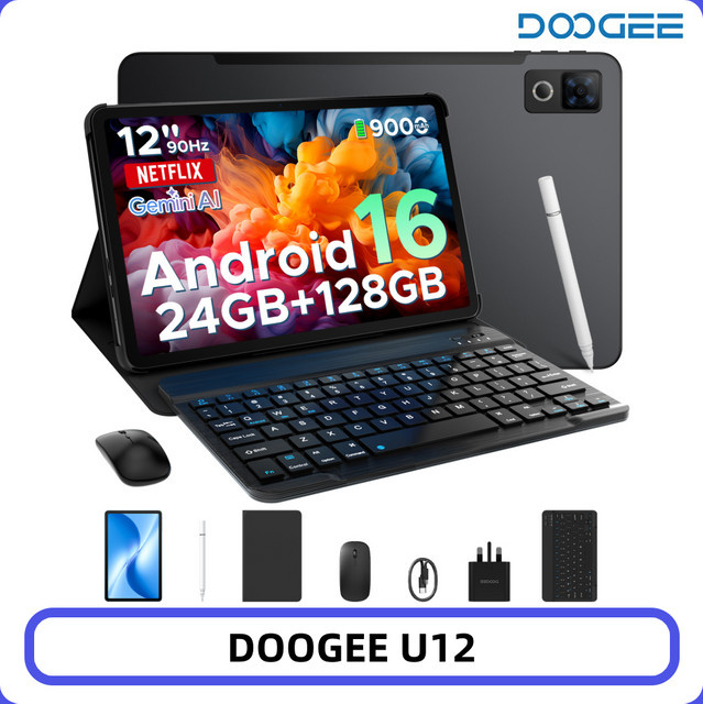 DOOGEE U12 Tablet PC mit 128 GB Speicher, 24 GB RAM, 12 Zoll FHD+ Display, Android 16, Gemini AI, 9000 mAh Akku, Schwarz - Bild 1
