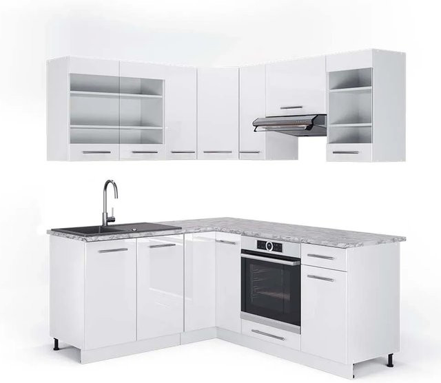 Vicco Fame-Line Eckküche in Weiß Hochglanz mit Marmor-Optik, B/T/H: 160 x 190 cm - Bild 1