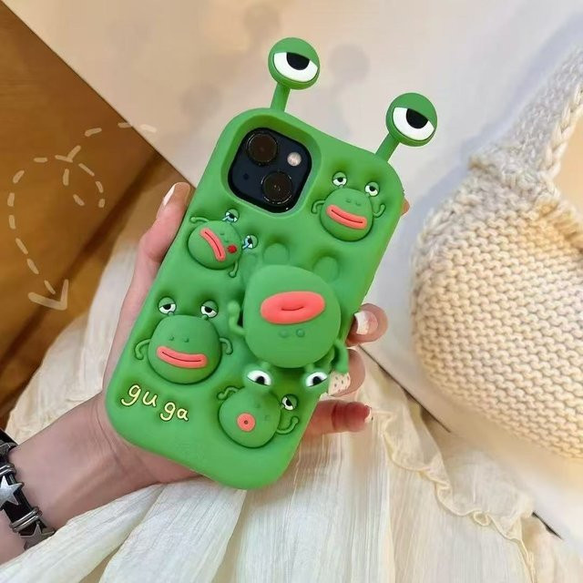 YULIN Handyhülle mit lustigem 3D Frosch Motiv und drehbarem Halter in Grün für iPhone 12 bis iPhone 17 Pro Max, stoßfeste Silikon Hülle - Bild 1