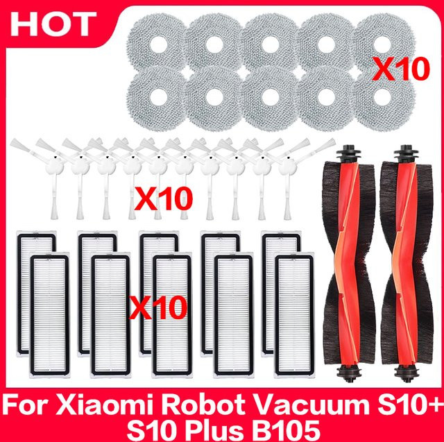 QIXIAO Zubehör-Set für Xiaomi Roboter-Staubsauger S10+ / S10 Plus in Multicolor mit Hauptbürste, Seitenbürste, HEPA-Filter und Wischmopp-Tüchern - Bild 1