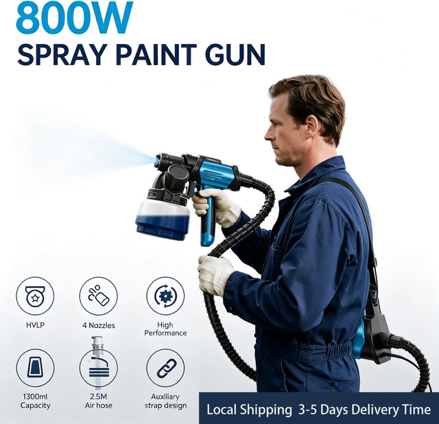 Parrior Elektrische HVLP-Farbspritzpistole in Blau mit 800W und 1300ml Behälter inklusive 4 Düsen und 3 Spritzmustern für Hauswände, Möbel und Gartenhäuser - Bild 1