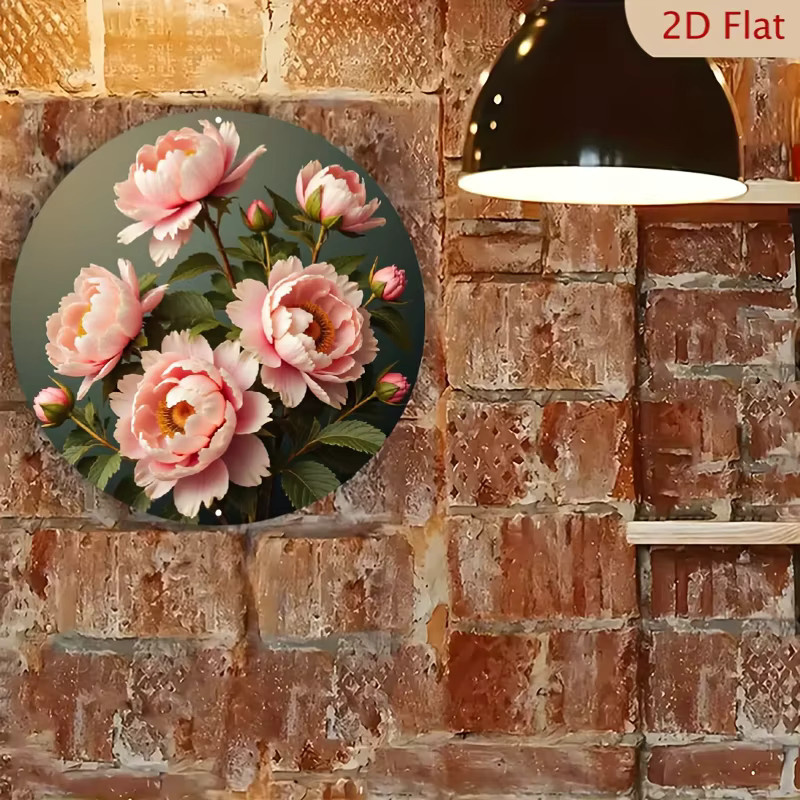 Potdemiel Elegante Pfingstrosen-Metallwandkunst – Rundes Aluminiumschild mit rosa Blumen und grünem Laub, klassische florale Wohndekoration, Durchmesser: 20 cm - Bild 5