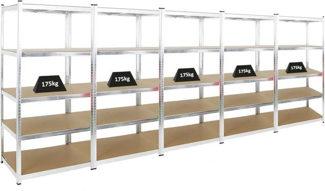 PROREGAL 5er Set Schwerlastregal Ragnar aus Metall und MDF-Holzplatten, Farbe Silber, H x B x T: 180 x 90 x 60 cm - Bild 1