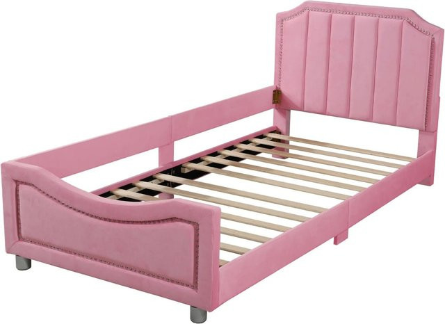 Merax Kinderbett mit gepolsterter Rückenlehne aus Flanell in Rosa, B/T/H: 90 x 200 x 41,5 cm - Bild 1