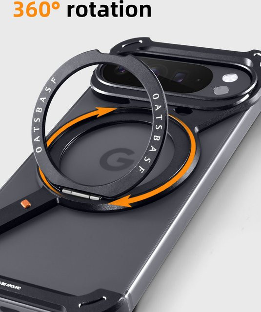 Oatsbasf Magnetische Handyhülle aus Metall für Google Pixel 10 Pro und 10 Pro XL in Schwarz mit 360 Grad drehbarem Ständer und rahmenloser Abdeckung für kabelloses Laden - Bild 1