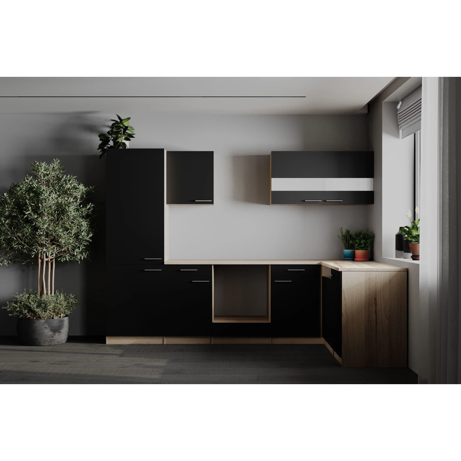 Respekta Winkelküche Merle in Schwarz und Eiche Sägerau Nachbildung mit Glastüren und Soft-Close-Funktion, Breite: 280 cm, Höhe: 200 cm - Bild 2