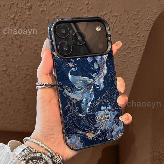 Mairuige Handyhülle mit blauem Koi-Blumen Design für iPhone 11 bis iPhone 17 Pro Max Plus, stoßfeste Rückabdeckung in Blau und Weiß - Bild 1