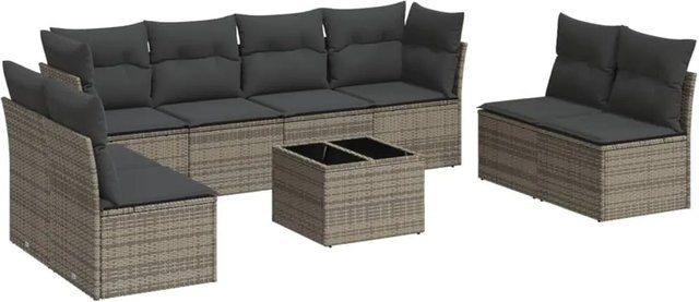 vidaXL 9-tlg Garten-Sofagarnitur aus Poly-Rattan in Grau mit Tisch und Kissen inklusive Stauraum - Bild 1
