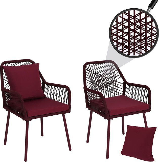 2er-Set Gartenstühle MCW-O12 aus Aluminium mit Seilgeflecht und Sitz- sowie Rückenpolstern in Bordeaux - Bild 1