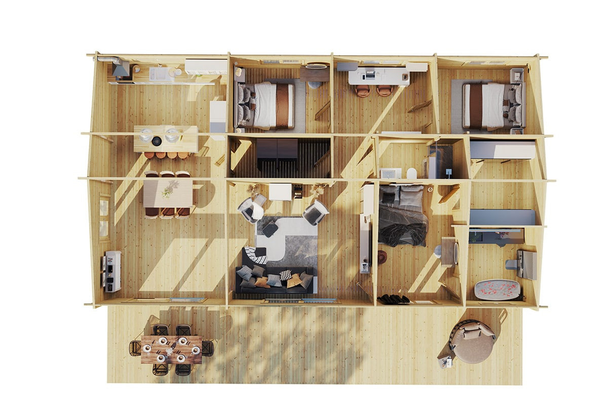 Blockhaus Madrid mit drei Schlafzimmern, Blockbohlenhaus als Ferienhaus, 15 x 9 m - Bild 2