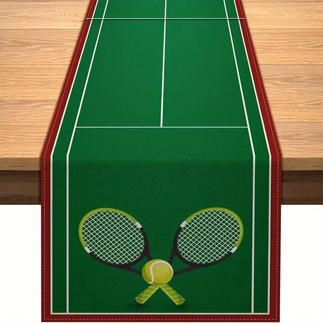 JINGYUE Pet Tischläufer aus Leinen mit Tennisplatz-Muster in Blau und Grün, B: 150 cm, T: 33 cm, waschbar - Bild 1