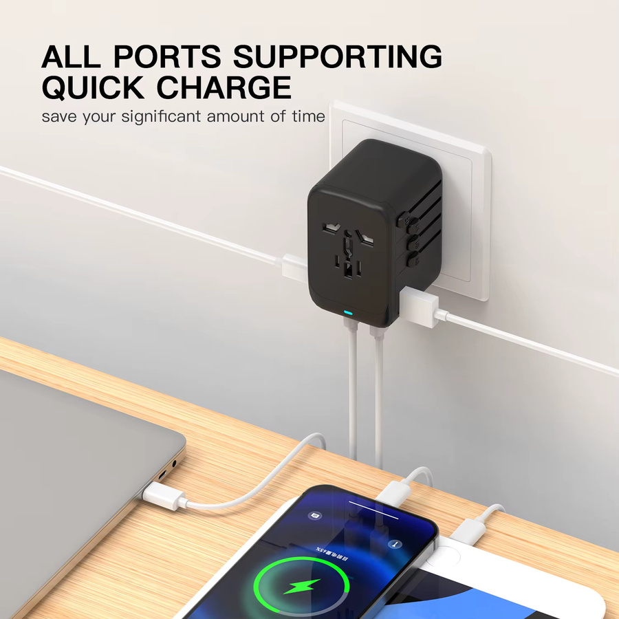HKLAMIN 45W GaN Schnell-Ladeadapter mit 3 Typ-C- und 1 USB-A-Anschluss in Schwarz für internationale Reisen (EU/UK/USA/AUS) - Bild 3