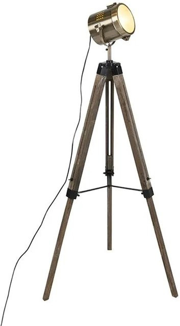 QAZQA Braha Industrielle Stehlampe aus Holz und Messing mit Stativ und Studiostrahler, dimmbar, Höhe: 140 cm - Bild 1