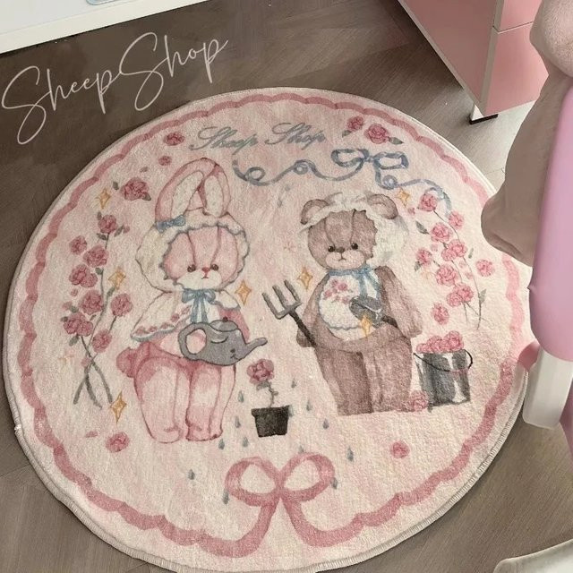 Runder Flanell Teppich mit niedlichem Tier-Design in Pink für Kinderzimmer, Wohnzimmer oder Balkon - Bild 1